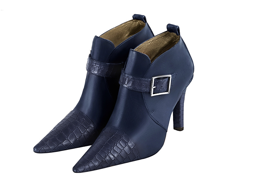 Denim blue women's ankle boots with buckles at the front. Pointed toe. Very high slim heel. Front view - Florence KOOIJMAN